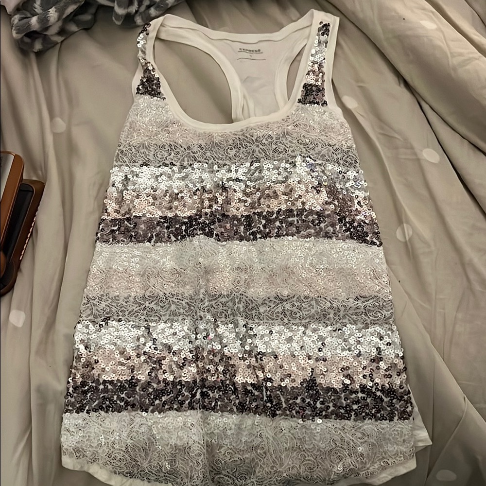 Express Silver and White Sequin Tank Top